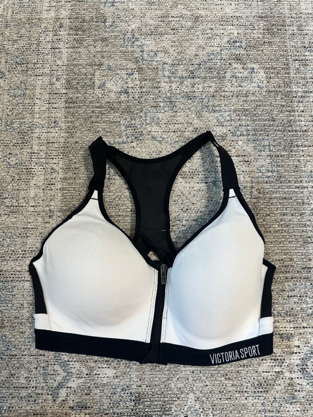 Victoria Sport White & Black Front-Zip Racerback Sports Bra